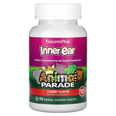 NaturesPlus, Animal Parade, Oído interno, Comprimidos masticables para niños, Cereza, 90 comprimidos con forma de animales