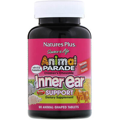 Nature's Plus Source of Life, Animal Parade, детские жевательные таблетки для поддержания здоровья внутреннего уха, вкус натуральной вишни, 90 животных