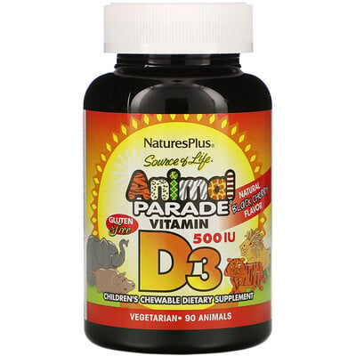 Nature's Plus Source of Life, Animal Parade, витамин D3, со вкусом натуральной черемухи, 500 МЕ, 90 таблеток в форме животных