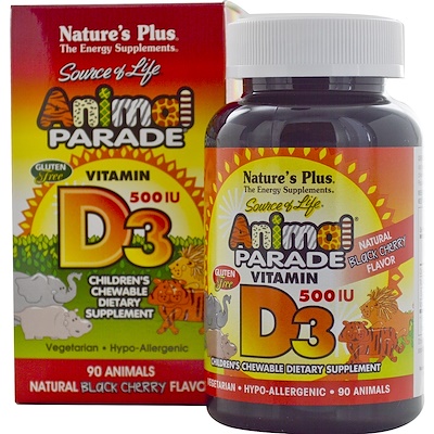 Nature's Plus Source of Life,動物大巡遊,黑櫻桃風味維生素D3片,500IU,90片