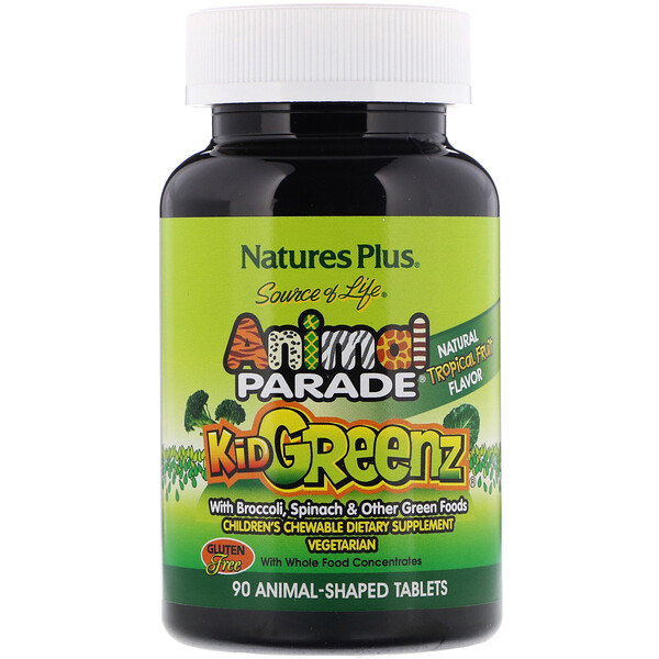 Nature's Plus, Source of Life, Animal Parade, Kid Greenz with Broccoli, Spinach, Natural Tropical Fruit Flavor, 90 Animal-Shaped Tablets