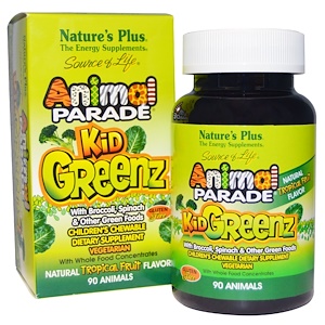 Nature's Plus, Источник жизни, Таблетки для детей в форме животных из зеленых овощей, Натуральный вкус тропических фруктов, 90 животных
