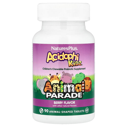 NaturesPlus, Animal Parade® AcidophiKidz®, Children's Chewable Probiotic, Berry, 90 Animal-Shaped Tablets