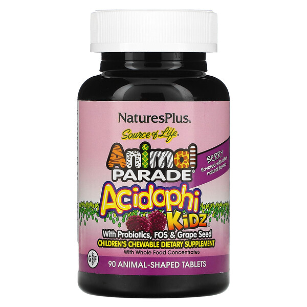 NaturesPlus‏, Source of Life, Animal Parade, AcidophiKidz, Children's Chewable, Natural Berry, 90 Animal-Shaped Tablets