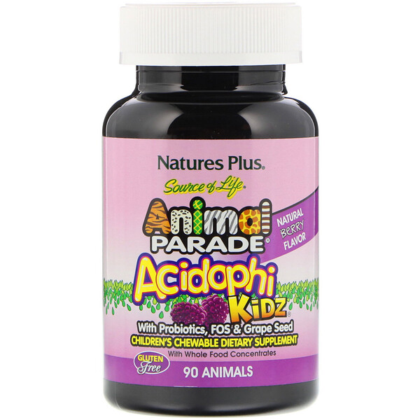 Nature's Plus, Source of Life, Animal Parade, AcidophiKidz, Π΄Π΅ΡΡΠΊΠΈΠ΅ ΠΆΠ΅Π²Π°ΡΠ΅Π»ΡΠ½ΡΠ΅ ΡΠ°Π±Π»Π΅ΡΠΊΠΈ, Π½Π°ΡΡΡΠ°Π»ΡΠ½ΡΠΉ Π²ΠΈΡΠ½Π΅Π²ΡΠΉ Π²ΠΊΡΡ, 90Β ΡΠ°Π±Π»Π΅ΡΠΎΠΊ Π² ΡΠΎΡΠΌΠ΅ ΠΆΠΈΠ²ΠΎΡΠ½ΡΡ
