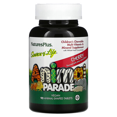 Nature's Plus Source of Life, Animal Parade, Children's Chewable Multi-Vitamin & Mineral Supplement, Cherry, 90 Animal-Shaped Tablets
