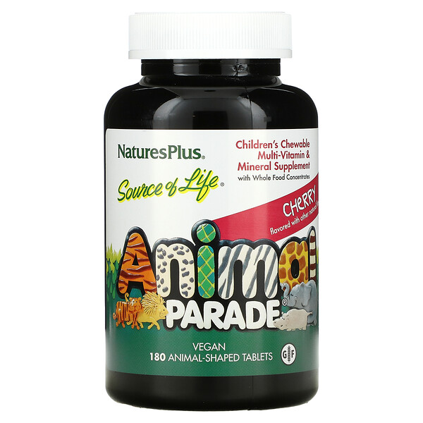 Nature's Plus, Source of Life, Animal Parade, Children's Chewable Multi-Vitamin and Mineral Supplement, Cherry, 180 Animal-Shaped Tablets