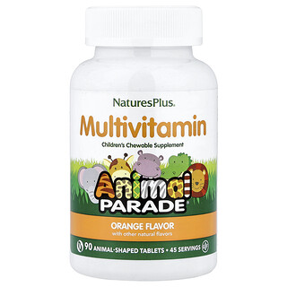 NaturesPlus, Animal Parade®, žvýkací multivitamín pro děti, pomeranč, 90 tablet ve tvaru zvířat