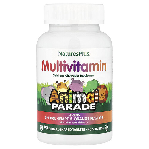 NaturesPlus, Animal Parade®, Children's Chewable Multivitamin, Multivitaminkautabletten für Kinder, Kirsche, Traube und Orange, 90 Kautabletten in Tierform