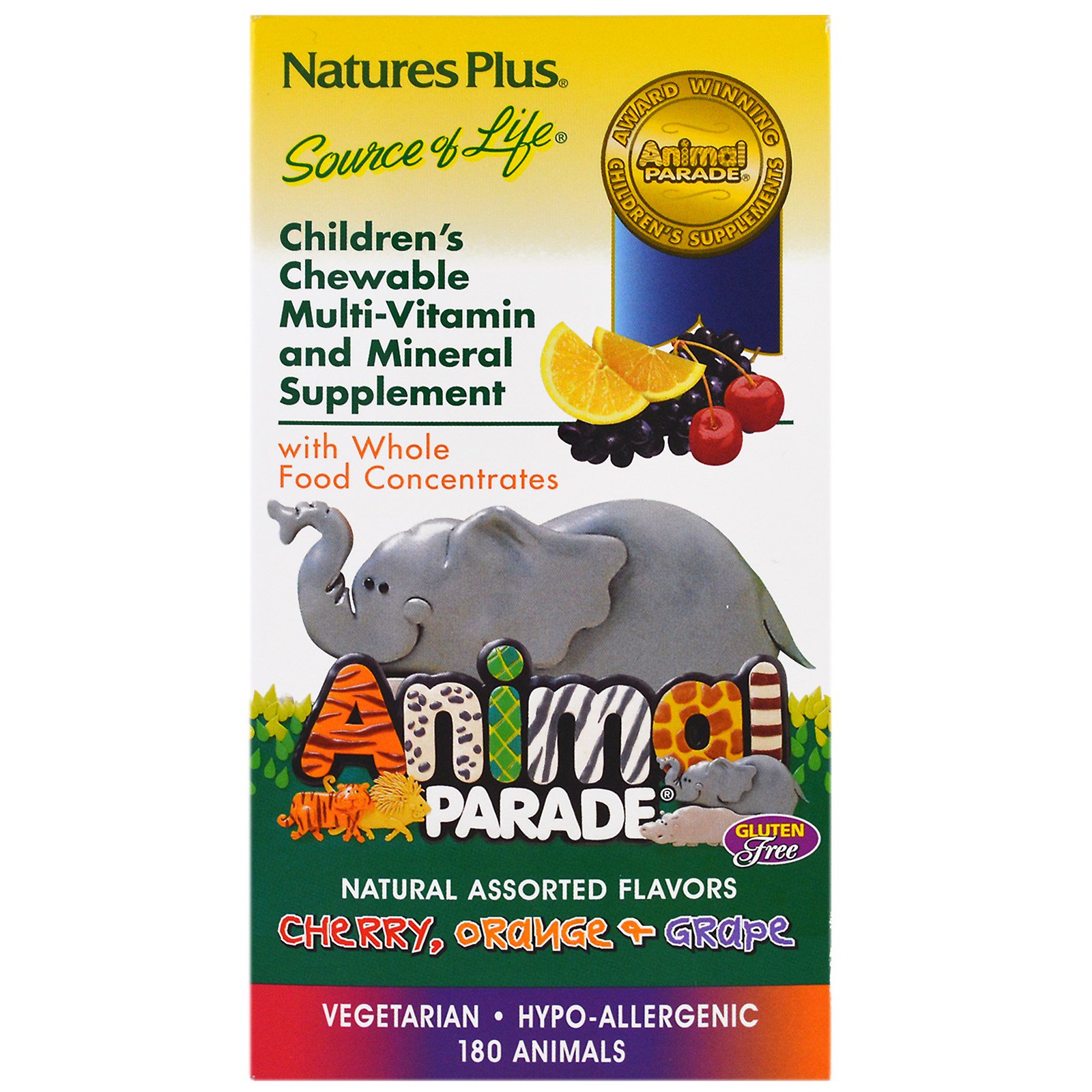 Nature's Plus, Жевательные таблетки для детей с мультивитаминами в форме животных, несколько вкусов, 180 животных