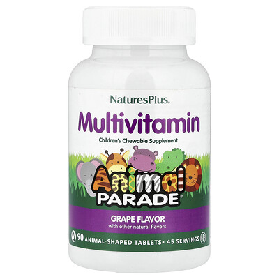 NaturesPlus, Animal Parade®, Suplemento multivitamínico masticable para niños, Uva, 90 comprimidos con forma de animales