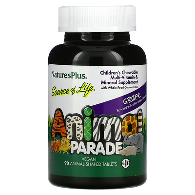 Nature's Plus Source of Life, Animal Parade, Children's Chewable Multi-Vitamin & Mineral Supplement, Grape, 90 Animal-Shaped Tablets