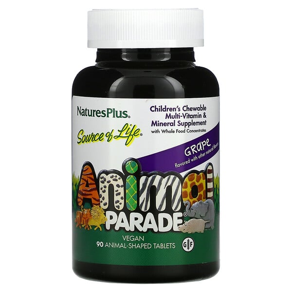 Source of Life,  Animal Parade, Children's Chewable Multi-Vitamin & Mineral Supplement, Grape, 90 Animal-Shaped Tablets