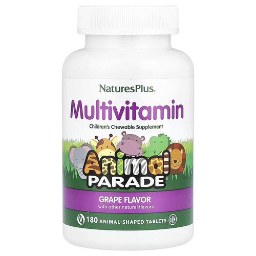 NaturesPlus, Animal Parade®, Children's Chewable Multivitamin, Multivitaminkautabletten für Kinder, Traube, 180 Kautabletten in Tierform