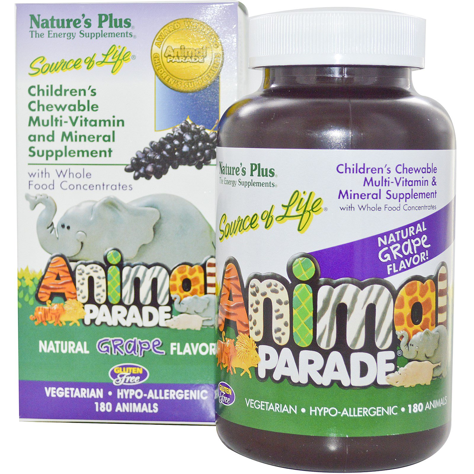 Nature's Plus, Детская Жевательная Мультивитаминная и Минеральная Добавка, Натуральный Виноградный Вкус 180 штук