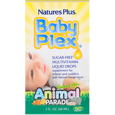 Nature's Plus Source of Life, Animal Parade, Baby Plex, жидкие мультивитаминные капли без сахара, с натуральным вкусом апельсина, 2 жидкие унции (60 мл)