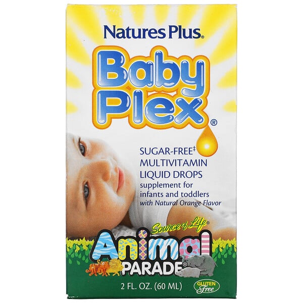 Nature's Plus, Source of Life, Animal Parade, Baby Plex, multivitamínico en gotas, sin azúcar, sabor naranja natural, 2 onzas (60 ml)