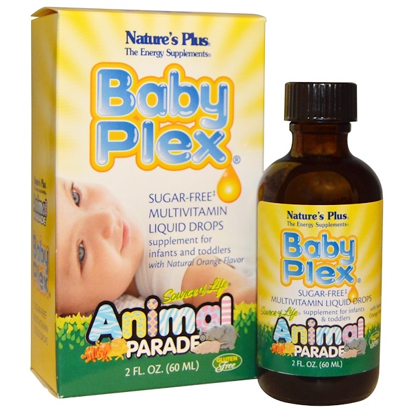 Nature's Plus, Source of Life, Animal Parade, Baby Plex, жидкие мультивитаминные капли без сахара, с натуральным вкусом апельсина, 2 жидкие унции (60 мл)