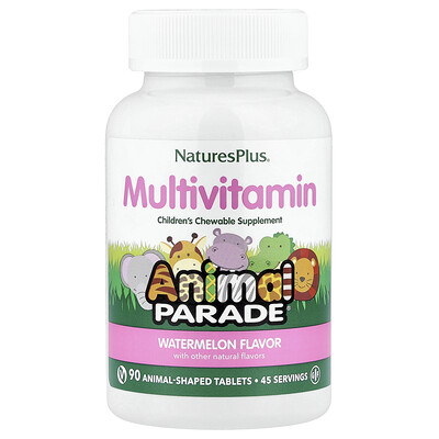 NaturesPlus, Animal Parade®, Suplemento multivitamínico masticable para niños, Sandía, 90 comprimidos con forma de animales