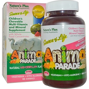 Nature's Plus, Источник жизни, парад животных, детские, жевательные, натуральный вкус арбуза, 180 желатиновых животных