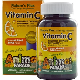 Nature's Plus, Source of Life, Animal Parade, Vitamin C, Children's Chewable Supplement, Natural Orange Juice Flavor, 90 Animals