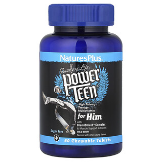 NaturesPlus, Source of Life, Power Teen® para varones, Sin azúcar, Bayas silvestres, 60 comprimidos masticables