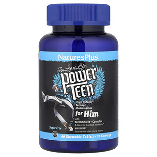 NaturesPlus, Source of Life, Power Teen® para varones, Sin azúcar, Bayas silvestres, 60 comprimidos masticables