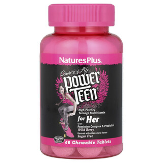 NaturesPlus, Source of Life®️, Power Teen®️, добавка для девочек-подростков, без сахара, со вкусом лесных ягод, 60 жевательных таблеток