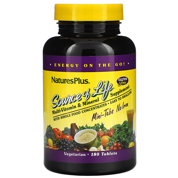 Nature's Plus‏, Source of Life, תוסף מולטיויטמינים ומינרלים, ללא ברזל, 180 טבליות