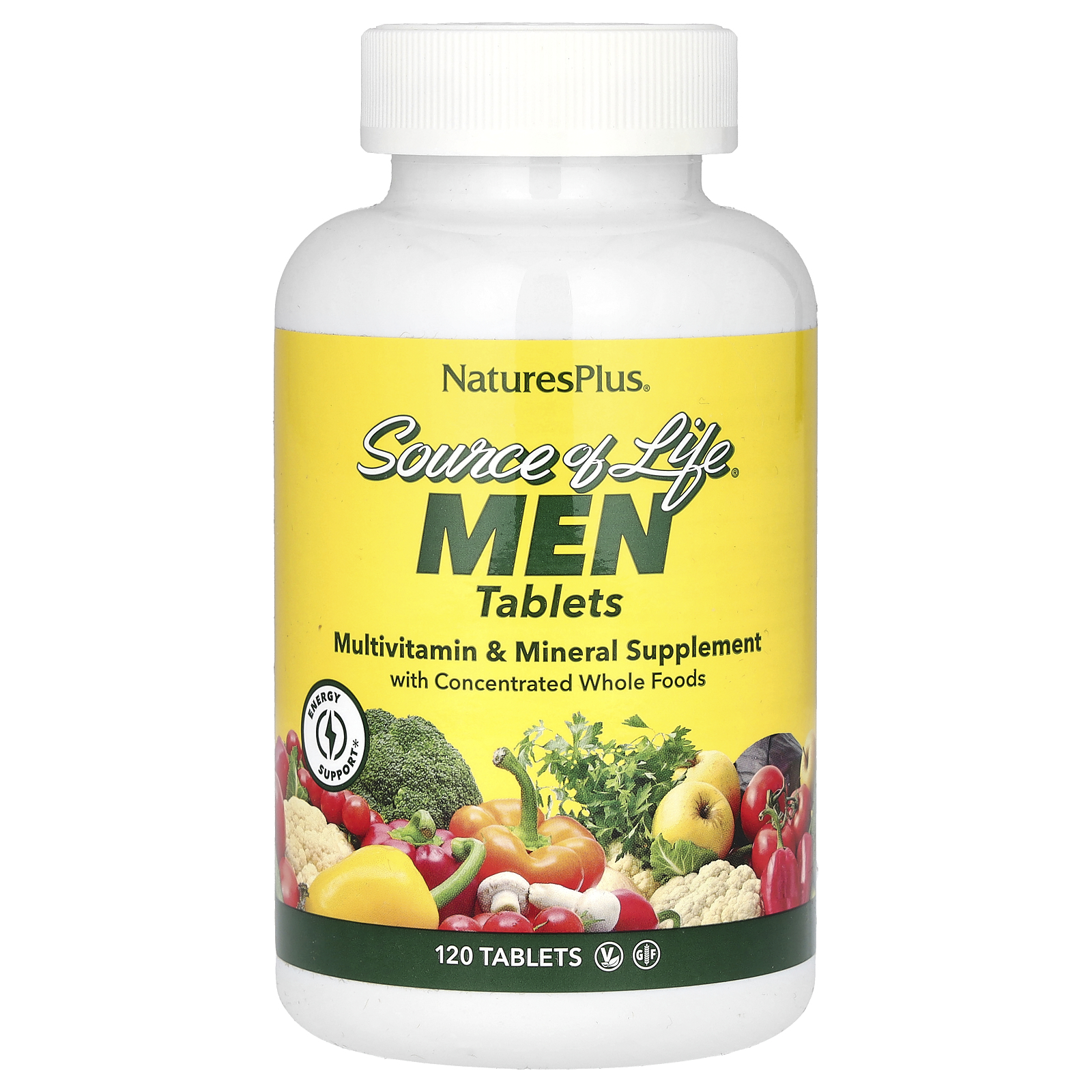 NaturesPlus (네이처스플러스), Source of Life, 남성, 전체적인 식품 농축 성분을 함유한 종합 비타민 보충제, 철분 무함유, 120 태블릿