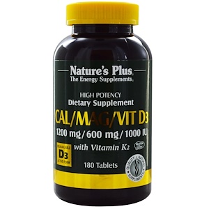 Nature's Plus, Кальций, магний и витамин D3, с витамином K2, 180 таблеток