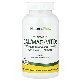 NaturesPlus, Chewable Cal/Mag/Vit D3 with Vitamin K2, Vanilla, 60 Chewable Tablets