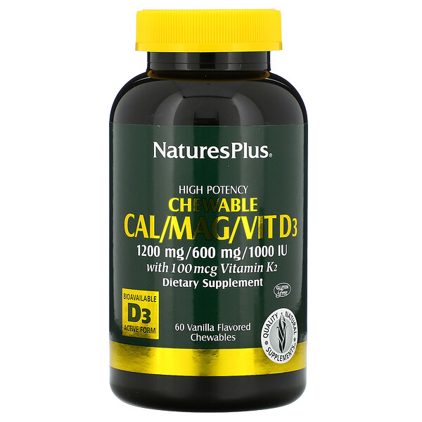 Nature's Plus‏, סידן, מגנזיום וויטמין D3 בעוצמה גבוהה, בטעם וניל, 60 כמוסות לעיסות