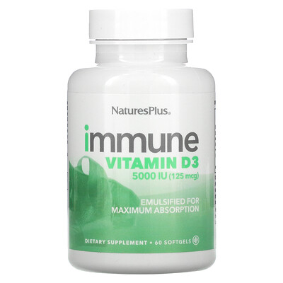 

NaturesPlus Витамин D3 для иммунитета, 125 мкг (5000 МЕ), 60 мягких таблеток