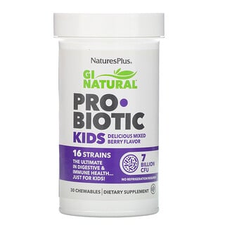 Nature's Plus, GI Natural, Probiótico para niños, Delicioso sabor a bayas mixtas, 7000 millones de UFC, 30 comprimidos masticables