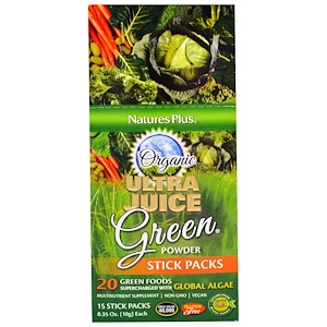 Купить Nature's Plus, Органический Зеленый Порошок Ultra Juice в Упаковке из Бумажных Трубок, 15 Трубок,  0,35 унций (10 г) каждая  на IHerb