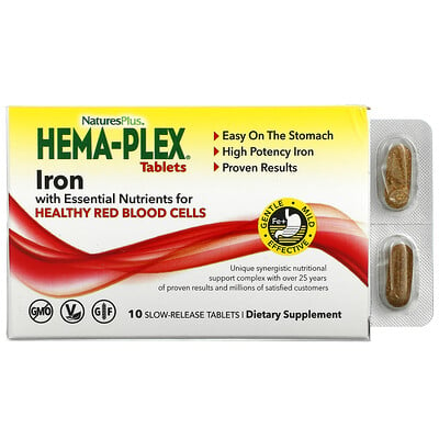 Nature's Plus Hema-Plex, Iron with Essential Nutrients for Healthy Red Blood Cells , 10 Slow Release Tablets