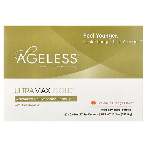Ageless Foundation Laboratories UltraMax Gold™ with Alphatrophin®, Valencia Orange, 22 Packets, 0.61 oz (17.4 g) Each