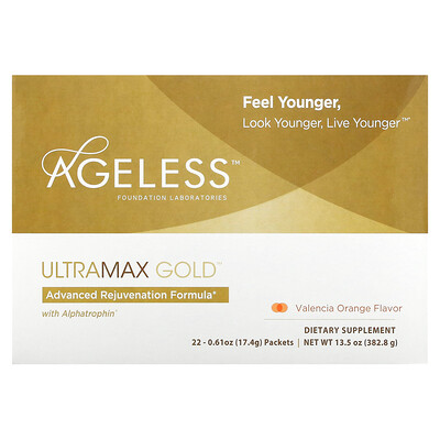 

Ageless Foundation Laboratories UltraMax Gold, улучшенная формула омоложения с альфатрофином, со вкусом валенсийского апельсина, 22 пакетика по 17,4 г каждый