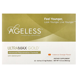 Ageless Foundation Laboratories, UltraMax Gold, улучшенная формула омоложения с альфатрофином, со вкусом валенсийского апельсина, 22 пакетика по 17,4 г каждый