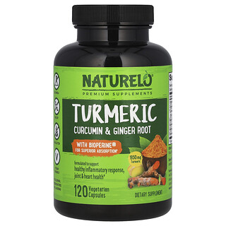 NATURELO, Curcumină curcumină și rădăcină de ghimbir cu Bioperine®, 120 capsule vegetariene