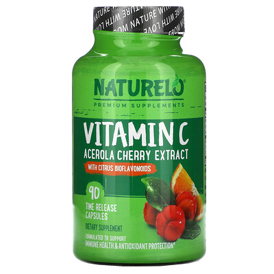 NATURELO Vitamin C, Acerola Cherry Extract with Citrus Bioflavonoids, 90 Time Release Capsules