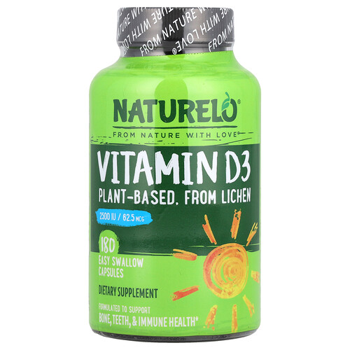 NATURELO, Vitamin D3, auf pflanzlicher Basis aus Flechten, 62,5 mcg (2.500 IU), 180 einfache Kapseln