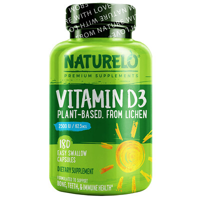 

NATURELO Vitamin D3 Plant-Based from Lichen 62.5 mcg (2 500 IU) 180 Easy Swallow Capsules