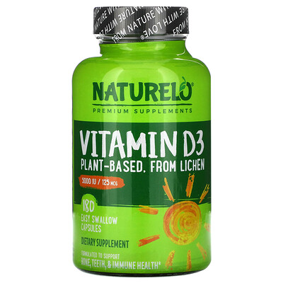 NATURELO Vitamin D3, Plant Based, 125 mcg (5000 IU), 180 Easy Swallow Capsules