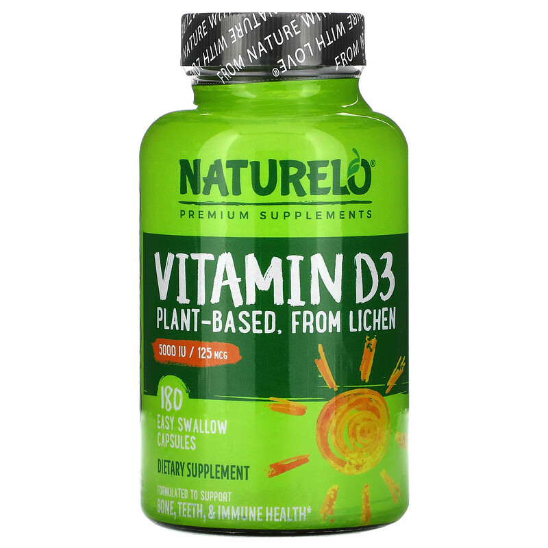 NATURELO, Vitamin D3, Plant Based, 125 mcg (5000 IU), 180 Easy Swallow Capsules iHerb