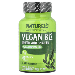 NATURELO, Vitamine B12 vegan enrichie en spiruline, 90 capsules faciles à avaler