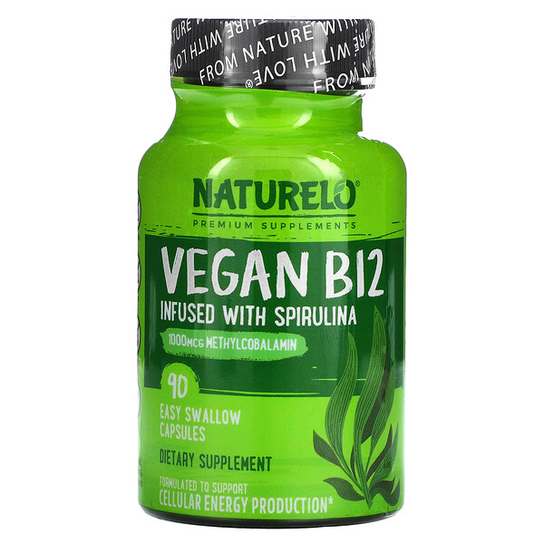 NATURELO‏, Vegan B12 Infused with Spirulina, 90 Easy Swallow Capsules