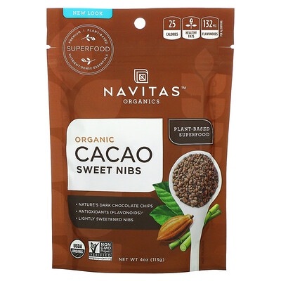 Navitas Organics Натуральная крупка из сладкого шоколада, сладкая какао-крупка, 4 унции (113 г)