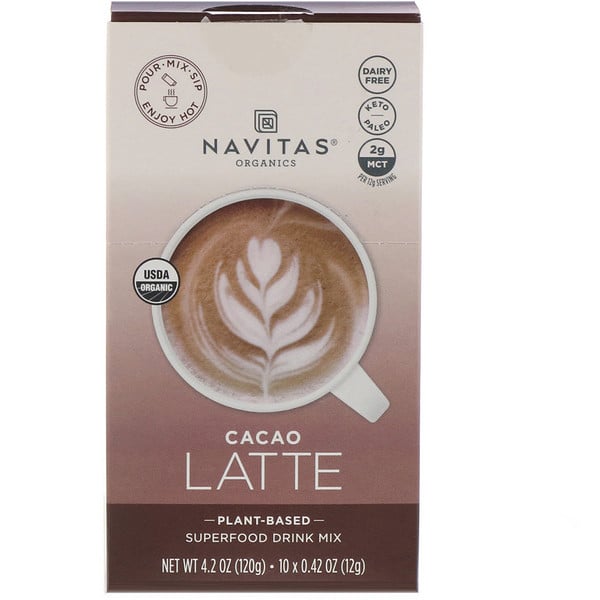 Navitas Organics‏, Latte Superfood Drink Mix, Cacao, 10 Packets, 0.31 oz (9 g) Each